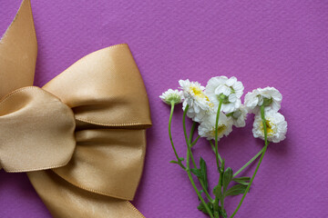 small white and yellow flowers with an old gold bow on a magenta background - photographed from above in a flat lay style