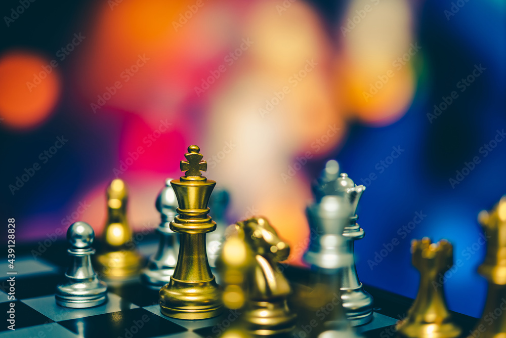 Poster closeup of chess characters on board games. to represent decision making in term of business strateg