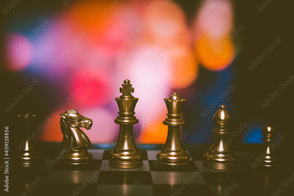 Poster closeup of chess characters on board games. to represent decision making in term of business strateg