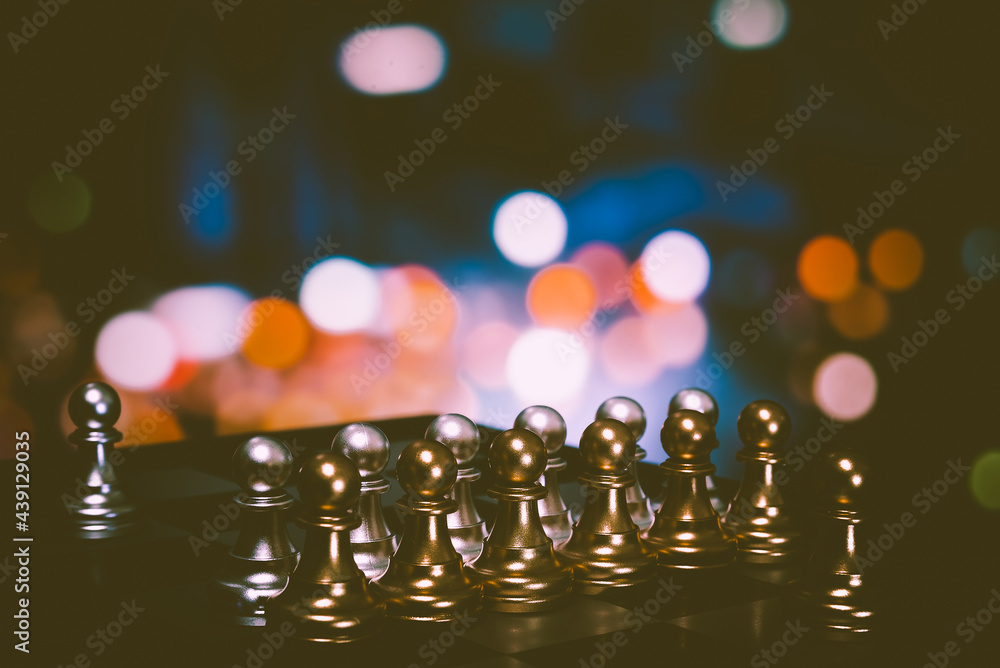 Poster closeup of chess characters on board games. to represent decision making in term of business strateg