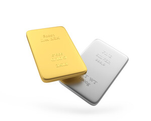 One gold bar and one silver bar. 3d illustration 