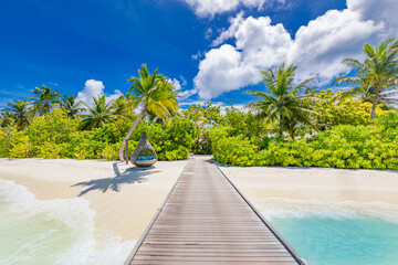 Luxury tropical beach landscape for background or wallpaper. Design of tourism for summer vacation holiday destination concept. Amazing island tourism destination. Tropical resort jetty in Maldives