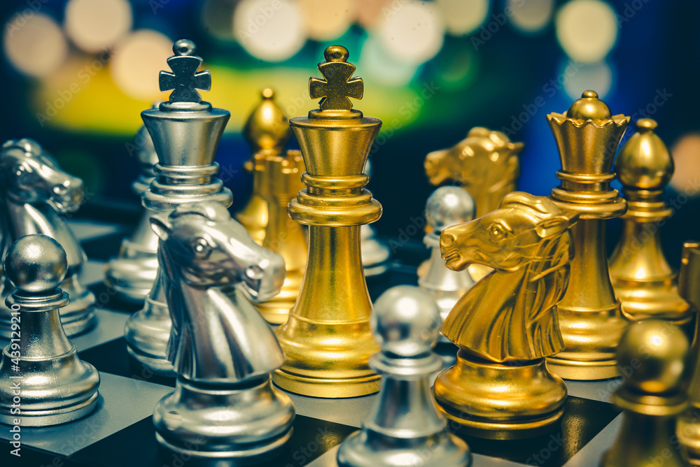 Poster closeup of chess characters on board games. to represent decision making in term of business strateg