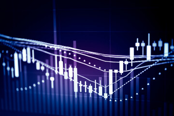 Naklejka premium Financial data of stock market in term of a digital prices on LED display. A number of daily market price and quotation of prices chart to represent candle stick tracking in Forex trading. 