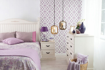 purple bedroom interior design concept and modern lamp