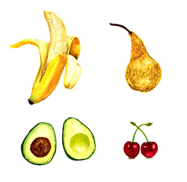Banana, pera, avocado, ciliegie , set di frutta isolata su sfondo bianco