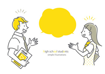 向かう合う夏服の高校生のシンプルでお洒落な線画イラスト　ふきだし付き　男女セット