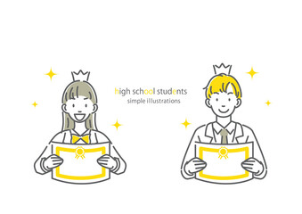 満足げに表彰状を見せる高校生　シンプルでおしゃれな線画イラスト