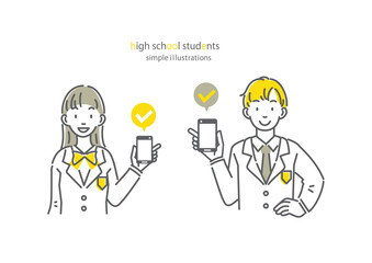 スマホの画面を見せる笑顔の高校生　シンプルでお洒落な線画イラスト