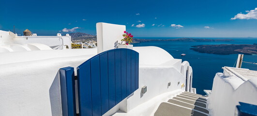 Stunning summer vacation destination. Luxury travel holiday in Santorini island, Greece. Amazing sea view over caldera, white architecture famous Oia. Hotel resort romantic couple tourism landscape