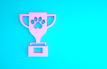 Pink Pet award symbol icon isolated on blue background. Medal with dog footprint as pets exhibition winner concept. Minimalism concept. 3d illustration 3D render