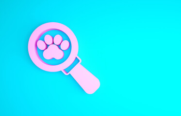 Pink Veterinary clinic symbol icon isolated on blue background. Cross hospital sign. Stylized paw print dog or cat. Pet First Aid sign. Minimalism concept. 3d illustration 3D render