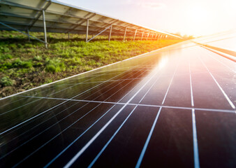 Photovoltaic solar panels on blue sky background