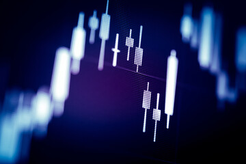 Financial data of stock market in term of a digital prices on LED display. A number of daily market price and quotation of prices chart to represent candle stick tracking in Forex trading.	
