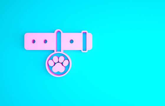 Pink Collar with name tag icon isolated on blue background. Supplies for domestic animal. Dog or cat paw print. Cat and dog care. Pet chains. Minimalism concept. 3d illustration 3D render