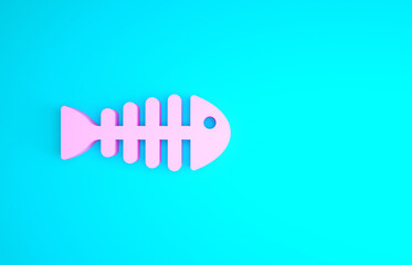 Pink Fish skeleton icon isolated on blue background. Fish bone sign. Minimalism concept. 3d illustration 3D render