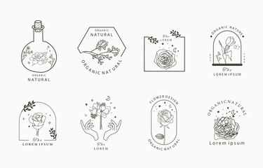 Beauty occult collection with geometric,magnolia,rose,moon,star,flower.Vector illustration for icon,sticker,printable and tattoo