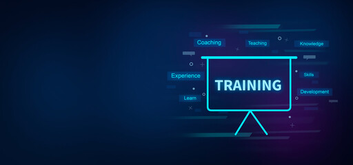Training text on digital blue background. Training concept.