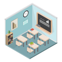 Classroom interior design with desks and blackboard in isometric 3d style . Back to school design. Education concept. Vector illustration.