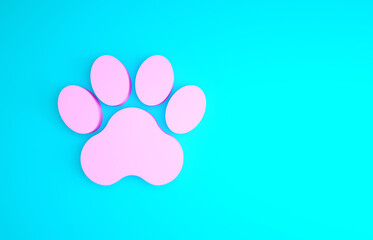 Fototapeta na wymiar Pink Paw print icon isolated on blue background. Dog or cat paw print. Animal track. Minimalism concept. 3d illustration 3D render