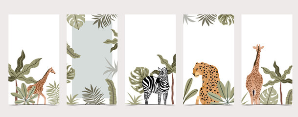Safari background for social media with giraffe,leopard;zebra - obrazy, fototapety, plakaty