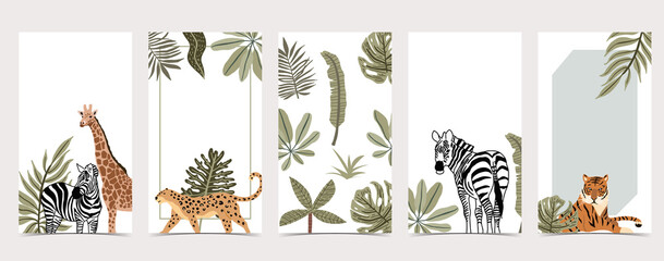 Fototapeta na wymiar Safari background for social media with giraffe,leopard;zebra