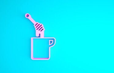 Pink Honey dipper stick with dripping honey icon isolated on blue background. Honey ladle. Minimalism concept. 3d illustration 3D render