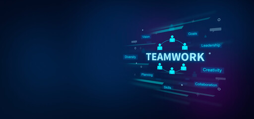Teamwork text on digital blue background. Teamwork concept.