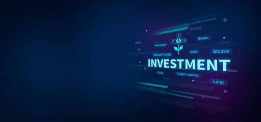 Investment text on digital blue background. Investment concept.