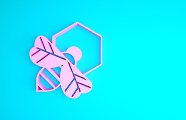 Pink Bee and honeycomb icon isolated on blue background. Honey cells. Honeybee or apis with wings symbol. Flying insect. Sweet natural food. Minimalism concept. 3d illustration 3D render