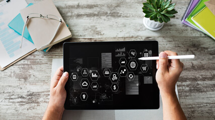 Business and technology concept. Virtual control panel on device screen.