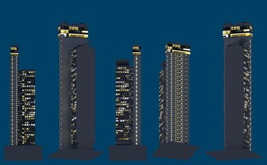 3d illustration of architecture - various fictional buildings at night time with lights on - isolated on dark blue, bottom view