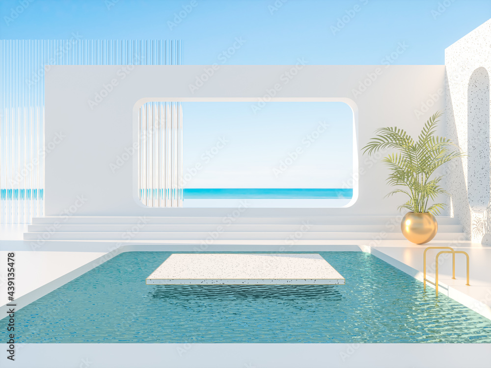Fototapete summer scene with geometrical forms, arch with a podium in natural day light. sea view. 3d rendering