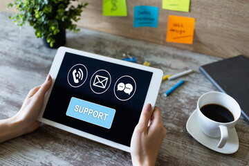 Technical support icons on screen. Call to help center. Internet and technology concept.