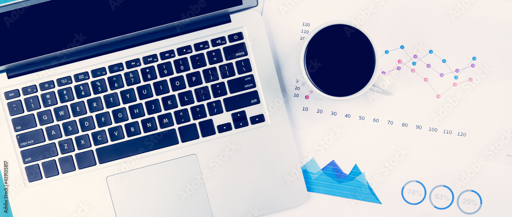 Poster laptop computer and documents report statistic financial with graph and chart and coffee on desk, fi