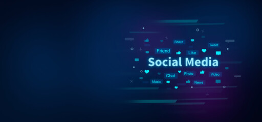 Social Media text on digital blue background. Social Media concept.