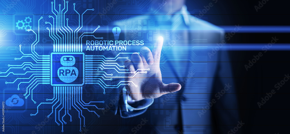Poster rpa robotic process automation innovation technology concept on virtual screen.