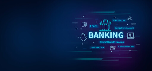 Naklejka premium Banking text on digital blue background. Banking concept.