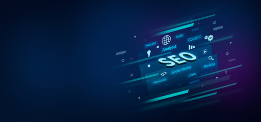 SEO text on digital blue background. SEO concept.