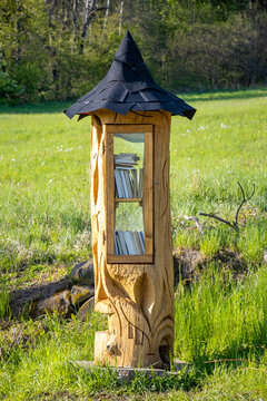 The carved library from a tree with books for public standing on a meadow, Czechia.
