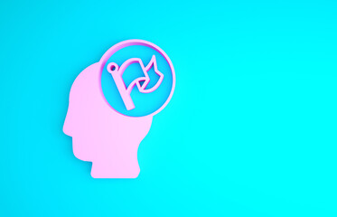 Pink Hand holding flag icon isolated on blue background. Victory, winning and conquer adversity concept. Minimalism concept. 3d illustration 3D render