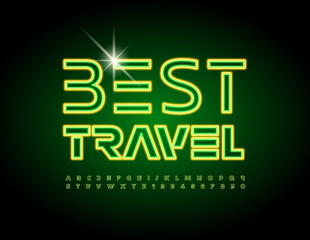 Vector promo banner Best Travel. Glowing modern Font. Cosmic neon Alphabet Letters and Numbers set