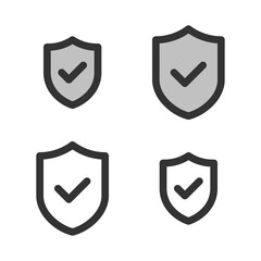 Pixel-perfect linear icon of shield with check mark built on two base grids of 32x32 and 24x24 pixels. The initial base line weight is 2 pixels. In two-color and one-color versions. Editable strokes