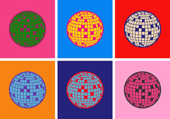 Disco ball Vector icon Pop Art Style. Psychedelic, Cosmic, Glitter. artificial art