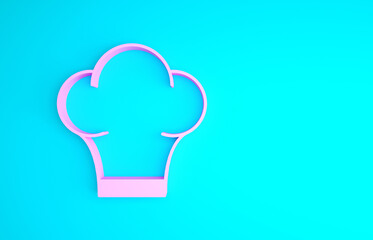 Pink Chef hat icon isolated on blue background. Cooking symbol. Cooks hat. Minimalism concept. 3d illustration 3D render
