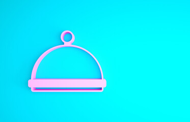 Obraz premium Pink Covered with a tray of food icon isolated on blue background. Tray and lid sign. Restaurant cloche with lid. Kitchenware symbol. Minimalism concept. 3d illustration 3D render