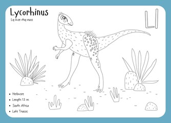 Coloring cards with dinosaurs and alphabet. Dinosaur Fact Cards. Dinosaur Names Corresponding to the English Alphabet. Cute colorful vector illustration. Herbivore set. Dinosaur vegan. Lycorhinus