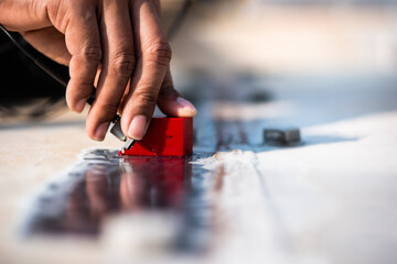 UT, Ultrasonic testing to detect imperfection or defect in welding of steel structure outside. NDT Inspection.
