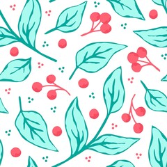 Simple hand-drawn  calm floral vector seamless pattern. Blue leaves, twigs, red berries on a white background. For fabric prints, textile products, stationery.
