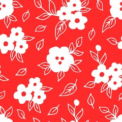 Simple hand-drawn floral vector seamless pattern. White flowers on a bright red background. For fabric prints, textile products, home decor, apparel, stationery.